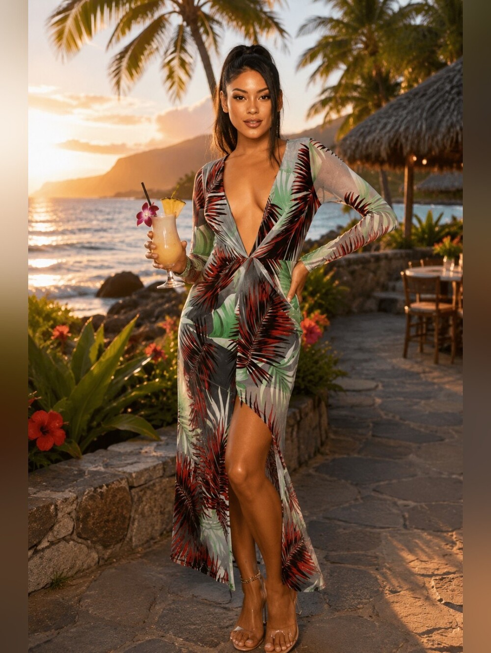 Sexy Tropical Printed V-Neck Mesh Dress